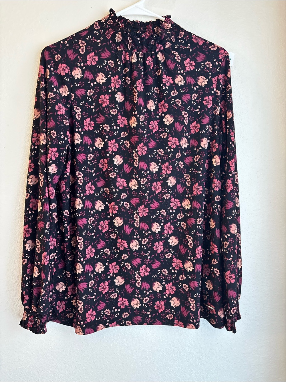 Anne Klein Floral Smocked Mock Neck Long Sleeve Blouse Medium Pink Black